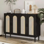 Buffet en rotin avec prise électrique – Meuble de rangement bohème à 4 portes pour salle à manger et salon