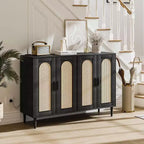 Buffet en rotin avec prise électrique – Meuble de rangement bohème à 4 portes pour salle à manger et salon