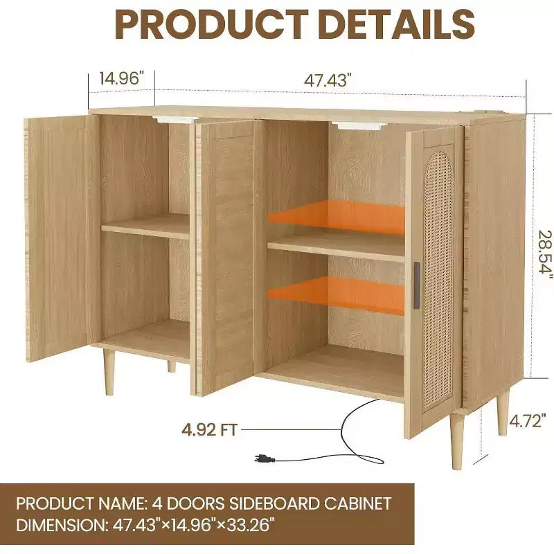 Buffet en rotin avec prise électrique – Meuble de rangement bohème à 4 portes pour salle à manger et salon