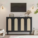 Rattan Sideboard with Power Outlet - Boho Buffet Cabinet, 4-Door Storage for Dining & Living Room
