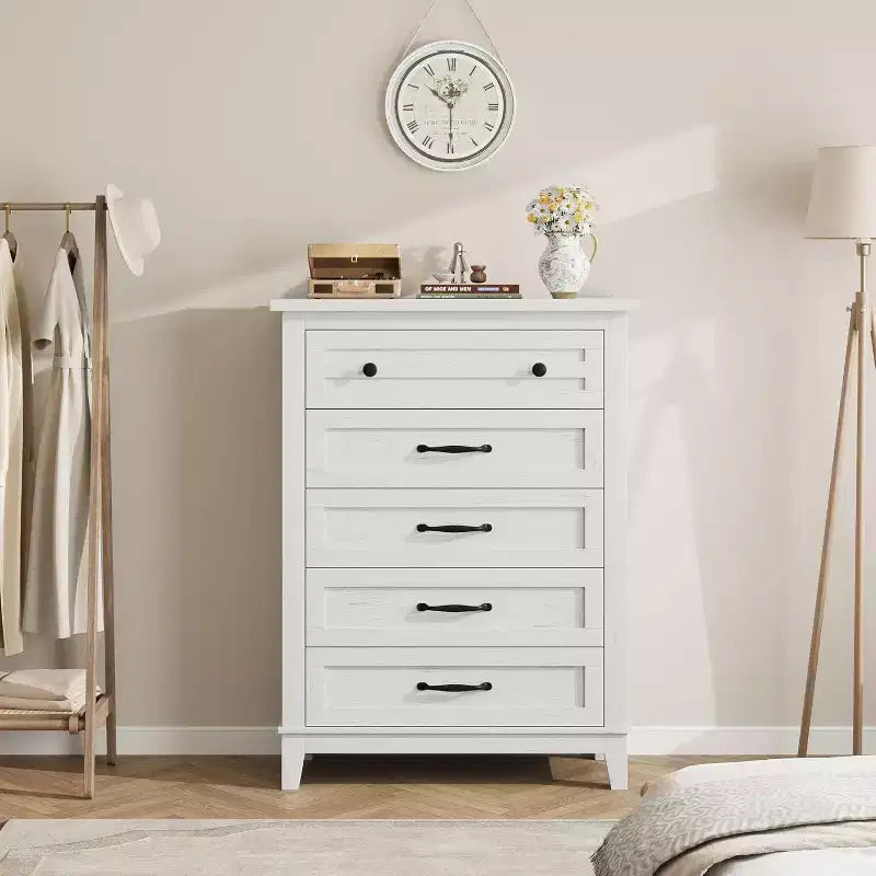 Commode verticale haute de 105 cm - Meuble de rangement autoportant à 5 tiroirs pour chambre et salon
