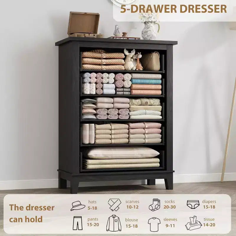 Commode verticale haute de 105 cm - Meuble de rangement autoportant à 5 tiroirs pour chambre et salon