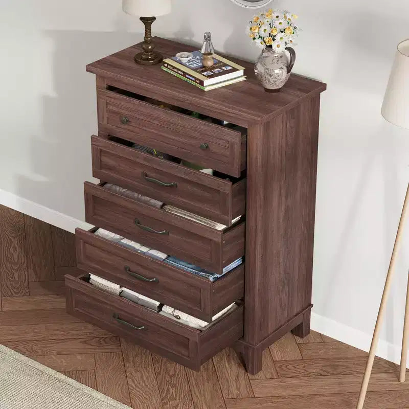 Commode verticale haute de 105 cm - Meuble de rangement autoportant à 5 tiroirs pour chambre et salon