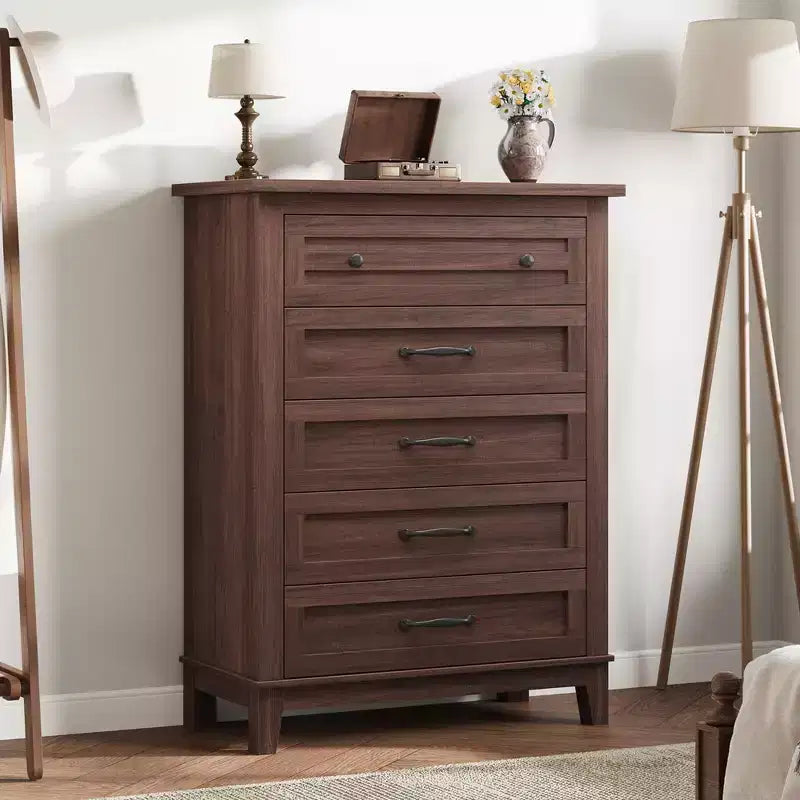 Commode verticale haute de 105 cm - Meuble de rangement autoportant à 5 tiroirs pour chambre et salon