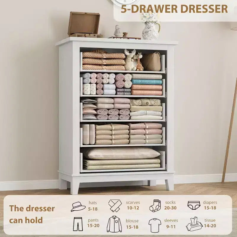 Commode verticale haute de 105 cm - Meuble de rangement autoportant à 5 tiroirs pour chambre et salon
