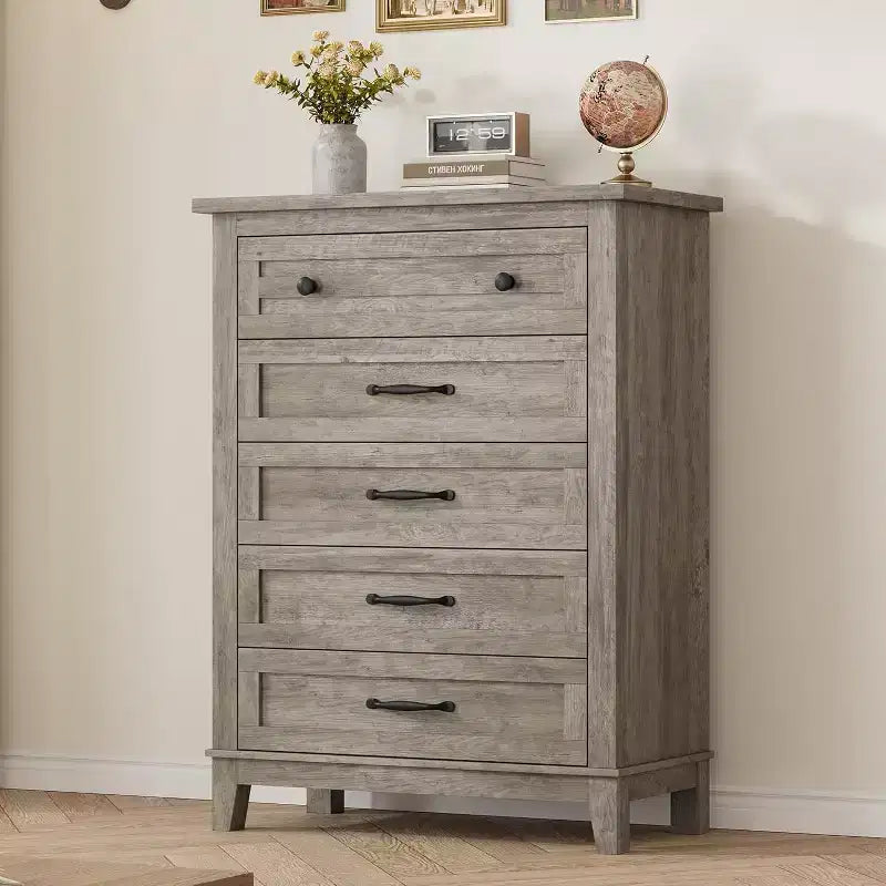Commode verticale haute de 105 cm - Meuble de rangement autoportant à 5 tiroirs pour chambre et salon