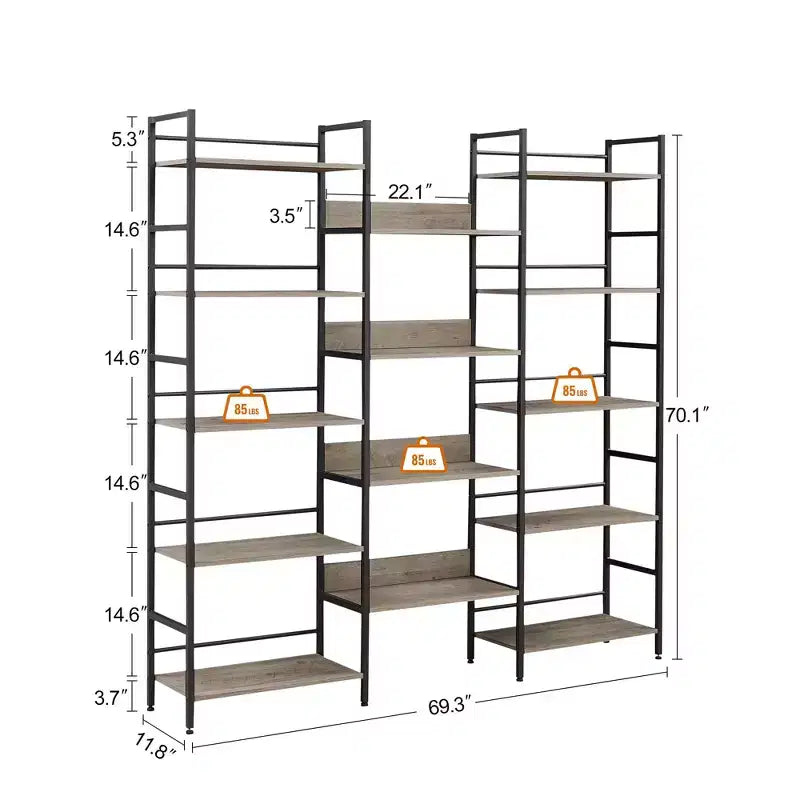 Étagère à livres à triple colonne à 5 niveaux, étagères de présentation hautes autoportantes, étagères à livres réglables de style industriel rustique, étagères à livres modernes pour chambre à coucher
