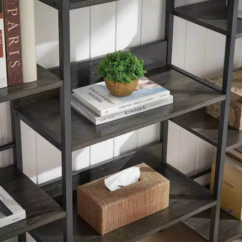 Étagère à livres à triple colonne à 5 niveaux, étagères de présentation hautes autoportantes, étagères à livres réglables de style industriel rustique, étagères à livres modernes pour chambre à coucher