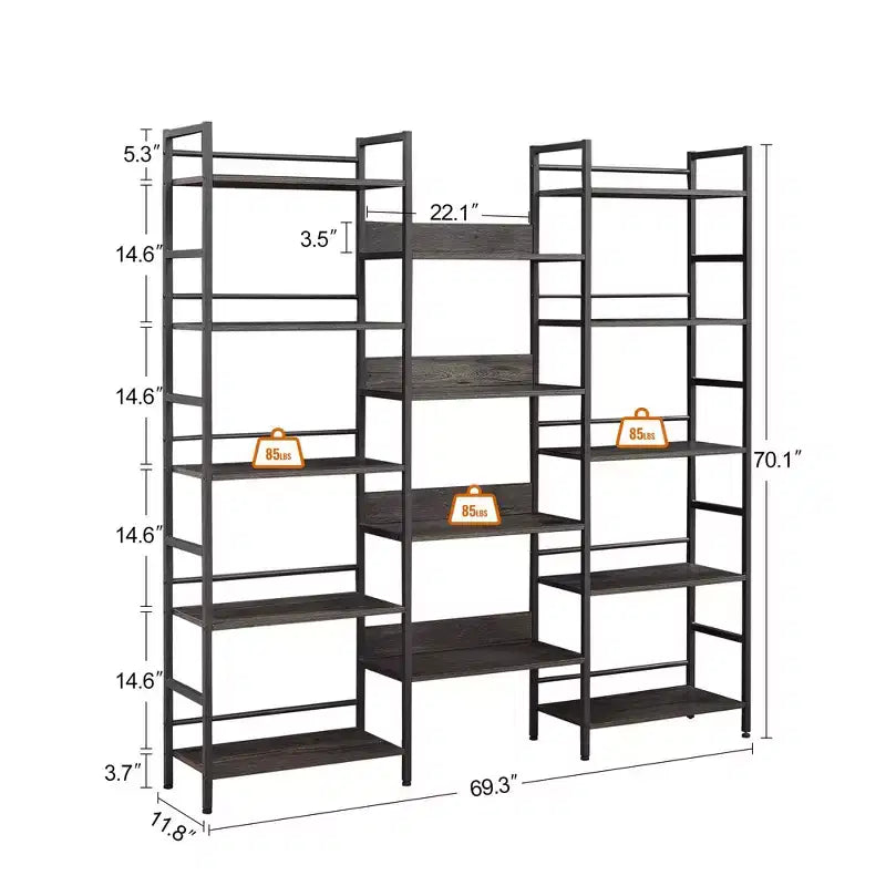 Étagère à livres à triple colonne à 5 niveaux, étagères de présentation hautes autoportantes, étagères à livres réglables de style industriel rustique, étagères à livres modernes pour chambre à coucher