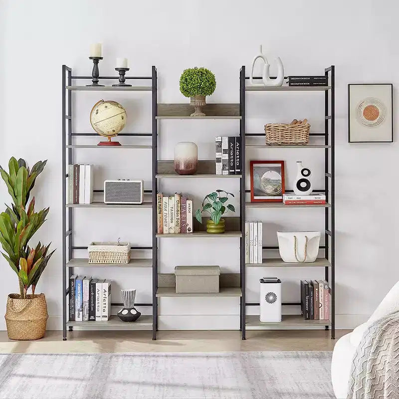 Étagère à livres à triple colonne à 5 niveaux, étagères de présentation hautes autoportantes, étagères à livres réglables de style industriel rustique, étagères à livres modernes pour chambre à coucher