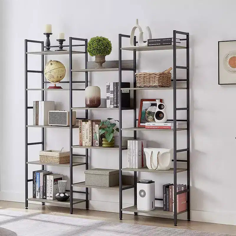 Étagère à livres à triple colonne à 5 niveaux, étagères de présentation hautes autoportantes, étagères à livres réglables de style industriel rustique, étagères à livres modernes pour chambre à coucher