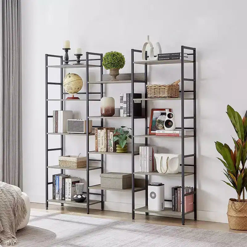 Étagère à livres à triple colonne à 5 niveaux, étagères de présentation hautes autoportantes, étagères à livres réglables de style industriel rustique, étagères à livres modernes pour chambre à coucher