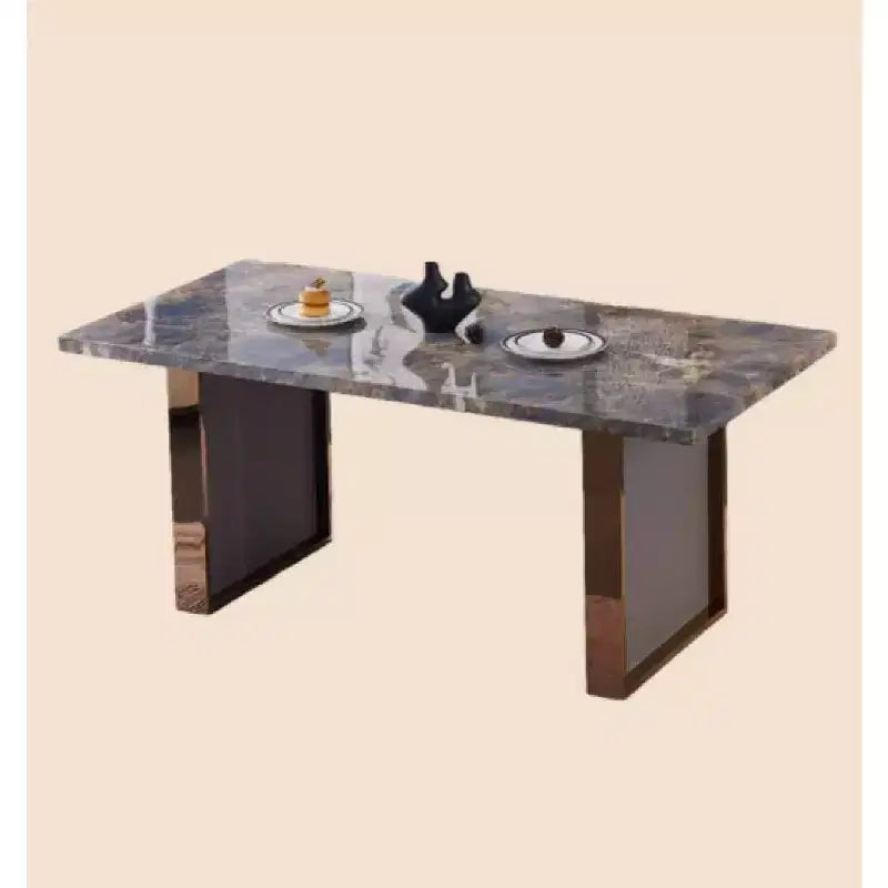 Table de salle à manger rectangulaire Okak de 180 cm avec plateau en faux marbre et pieds en acier inoxydable, table de cuisine pour 6 à 8 personnes pour le salon, marron