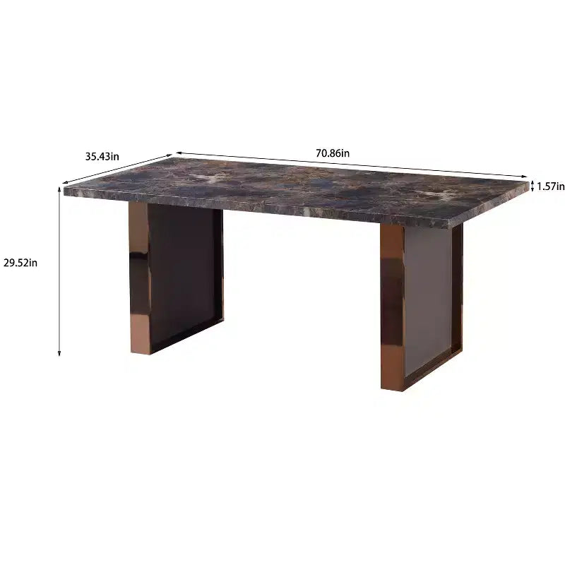 Table de salle à manger rectangulaire Okak de 180 cm avec plateau en faux marbre et pieds en acier inoxydable, table de cuisine pour 6 à 8 personnes pour le salon, marron