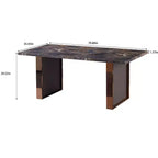Table de salle à manger rectangulaire Okak de 180 cm avec plateau en faux marbre et pieds en acier inoxydable, table de cuisine pour 6 à 8 personnes pour le salon, marron