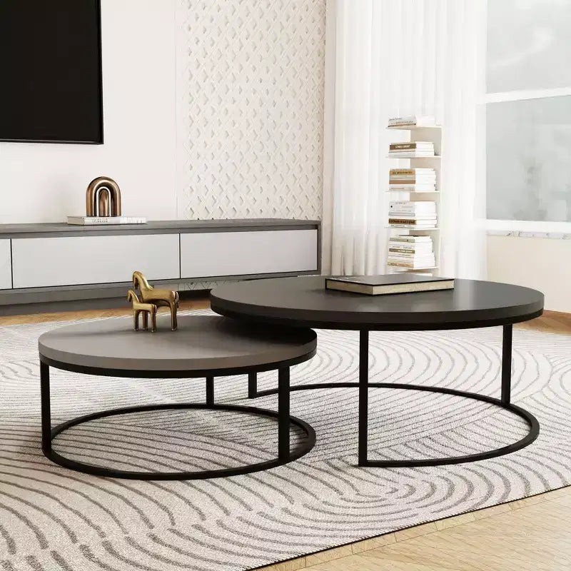 Gaoyangjiaju 31.5 Modern Round Nesting Coffee Table Set of 2 - Minimalist Industrial Center Tables - Grey/Black