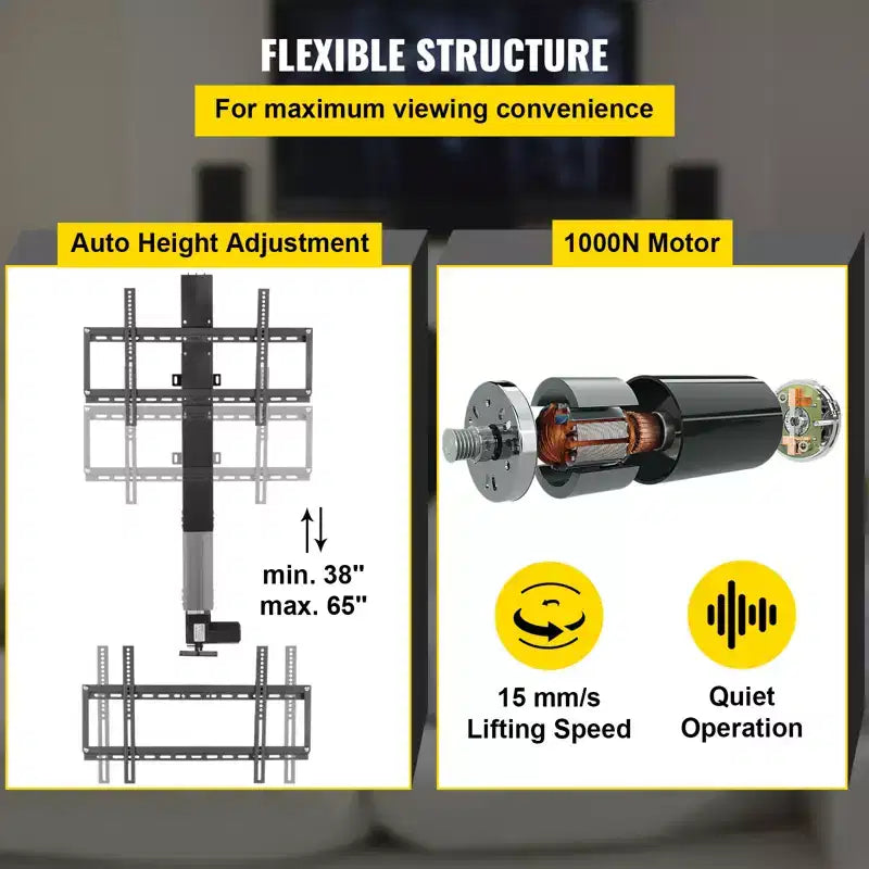 VEVOR Élévateur de télévision motorisé pour écrans jusqu'à 50 pouces, course de 71 cm avec hauteur réglable de 96,5 cm à 165 cm, télécommandé, supporte jusqu'à 60 kg, noir
