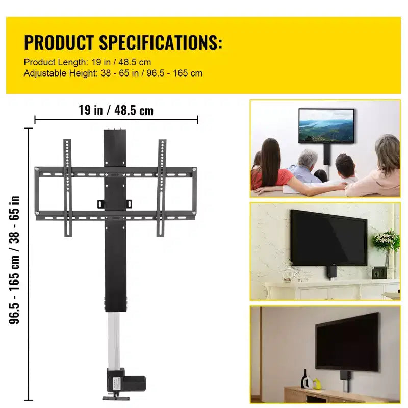 VEVOR Élévateur de télévision motorisé pour écrans jusqu'à 50 pouces, course de 71 cm avec hauteur réglable de 96,5 cm à 165 cm, télécommandé, supporte jusqu'à 60 kg, noir