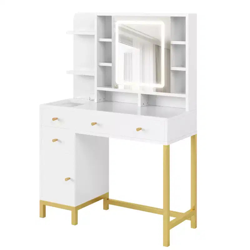Vanity Desk with Lights, Makeup Vanity Desk, 3 Color Lighting Modes, Vanity Table with Drawers and Cabinets, Dressing Table with Power Outlet