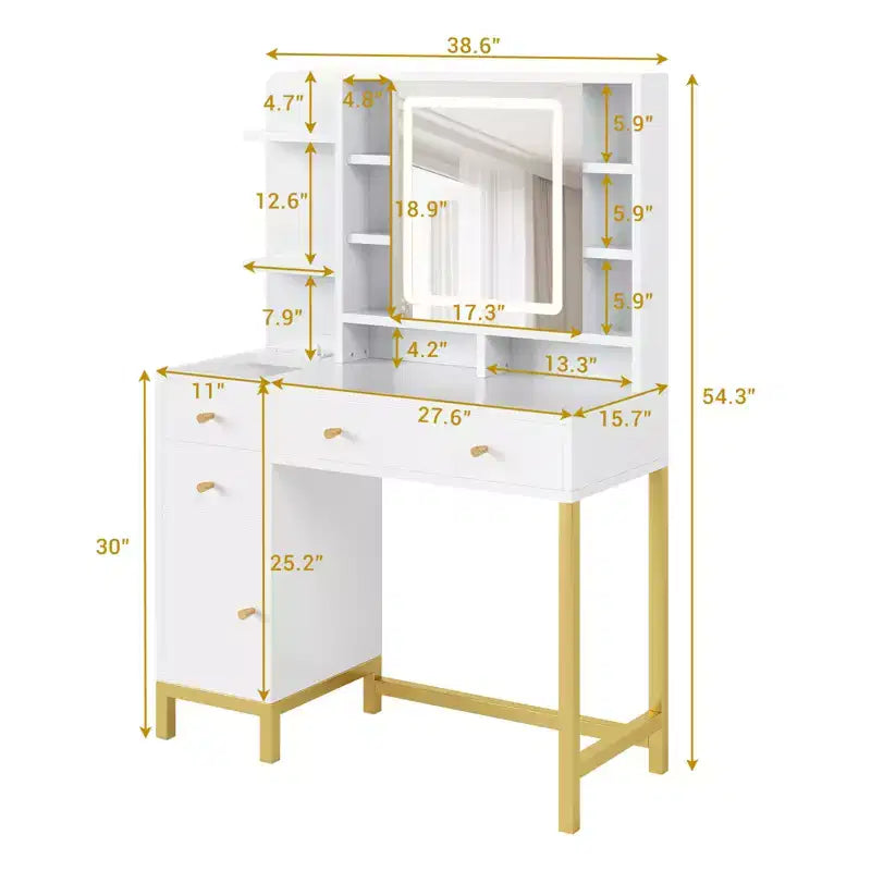 Coiffeuse avec Lumières, Coiffeuse de Maquillage, 3 Modes d'Éclairage, Coiffeuse avec Tiroirs et Placards, Table de Maquillage avec Prise Électrique