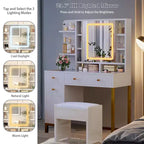 Coiffeuse avec Lumières, Coiffeuse de Maquillage, 3 Modes d'Éclairage, Coiffeuse avec Tiroirs et Placards, Table de Maquillage avec Prise Électrique