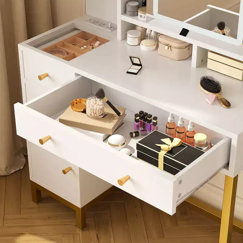Coiffeuse avec Lumières, Coiffeuse de Maquillage, 3 Modes d'Éclairage, Coiffeuse avec Tiroirs et Placards, Table de Maquillage avec Prise Électrique
