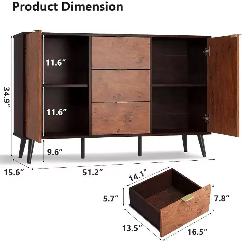 51,2 Buffet en chêne avec 3 tiroirs, texture burl et étagères ouvertes, finition noyer