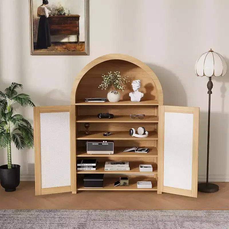 Meuble de rangement pour chaussures arqué à 5 niveaux avec portes en rotin, armoire à chaussures autoportante de style ferme avec étagères réglables pour entrée, couloir