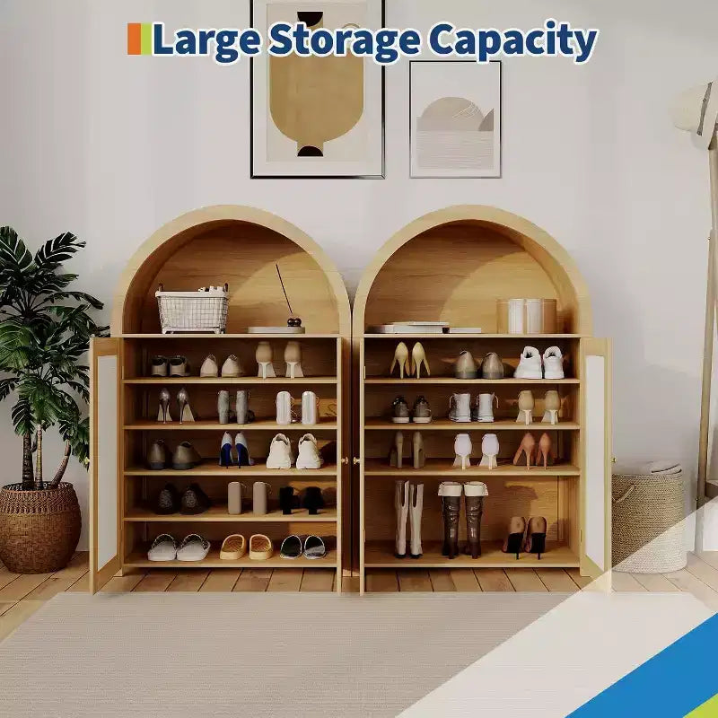 Meuble de rangement pour chaussures arqué à 5 niveaux avec portes en rotin, armoire à chaussures autoportante de style ferme avec étagères réglables pour entrée, couloir