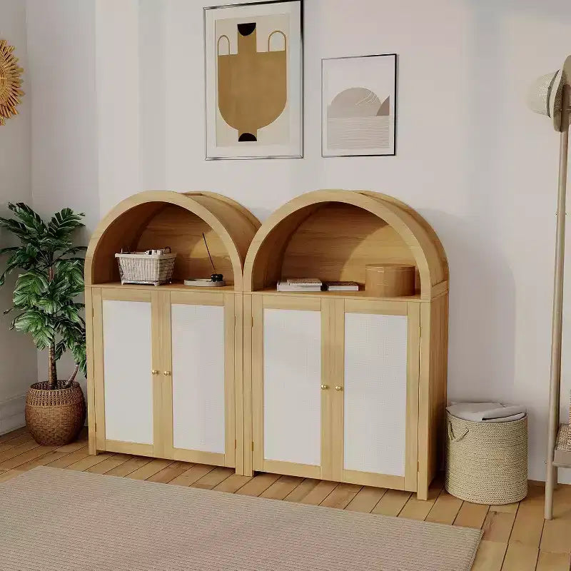 Meuble de rangement pour chaussures arqué à 5 niveaux avec portes en rotin, armoire à chaussures autoportante de style ferme avec étagères réglables pour entrée, couloir