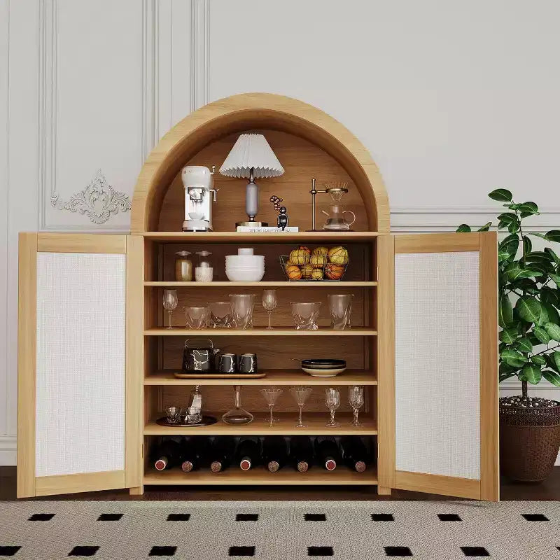 Meuble de rangement pour chaussures arqué à 5 niveaux avec portes en rotin, armoire à chaussures autoportante de style ferme avec étagères réglables pour entrée, couloir