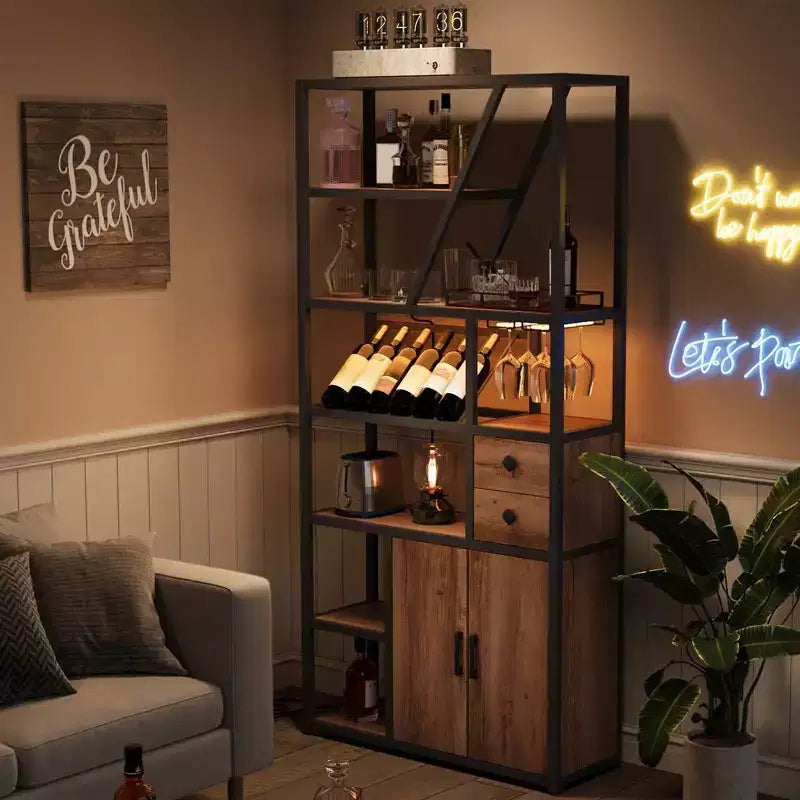 Meuble bar à vin TROPOW - Station de café haute avec prises de courant, porte-bouteilles pour salon