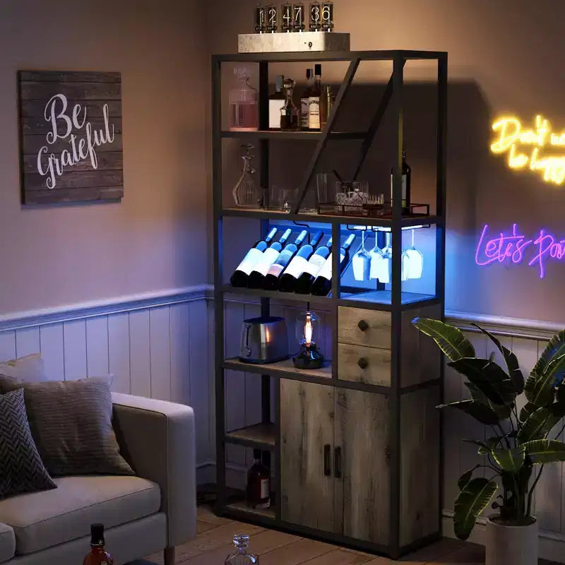 Meuble bar à vin TROPOW - Station de café haute avec prises de courant, porte-bouteilles pour salon