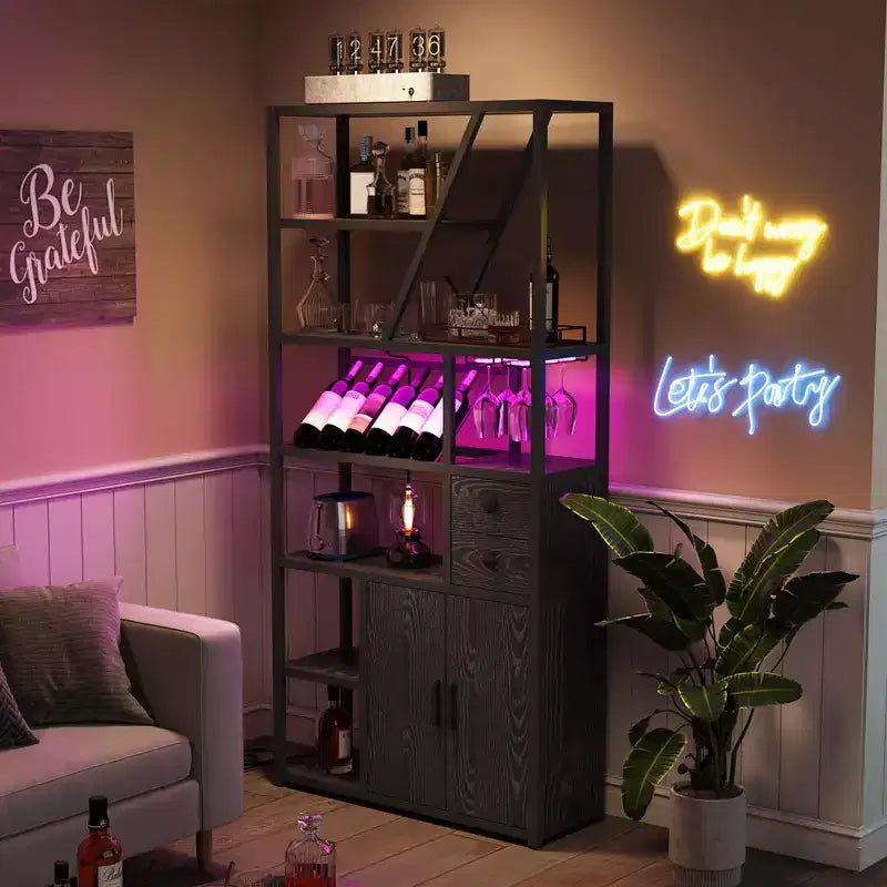 Meuble bar à vin TROPOW - Station de café haute avec prises de courant, porte-bouteilles pour salon