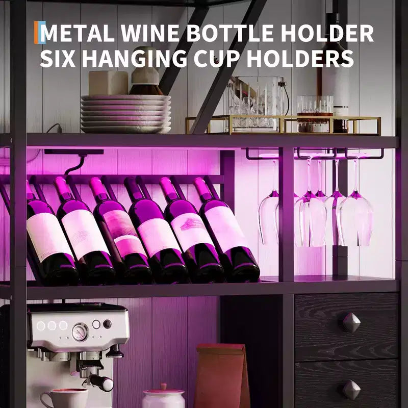 Meuble bar à vin TROPOW - Station de café haute avec prises de courant, porte-bouteilles pour salon