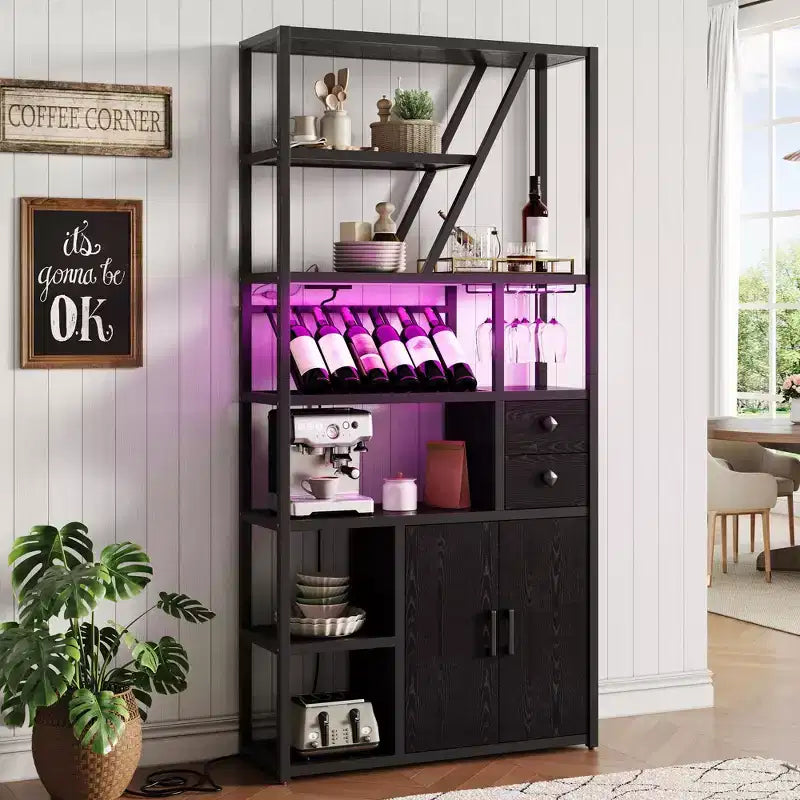 TROPOW Wine Bar Cabinet- Tall Coffee Bar Station with Power Outlets, Wine Rack for Living Room