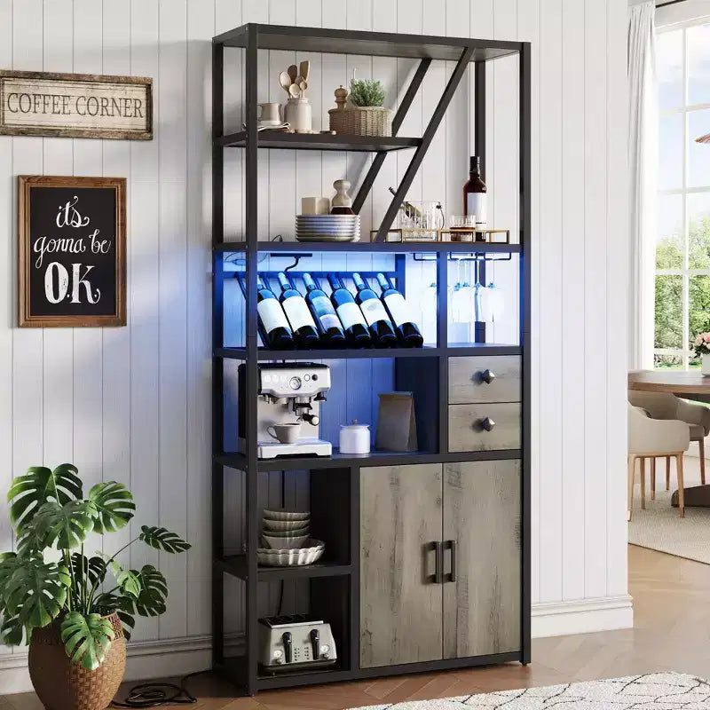 Meuble bar à vin TROPOW - Station de café haute avec prises de courant, porte-bouteilles pour salon