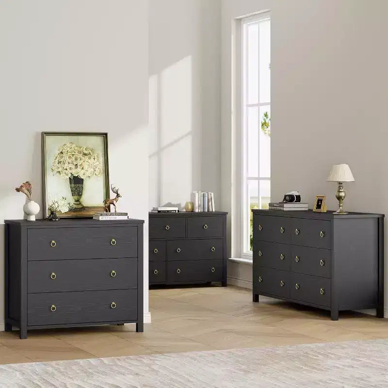 Commode 6 tiroirs pour chambre, commode large et moderne avec rangement, commode de placard en bois autoportante, noire