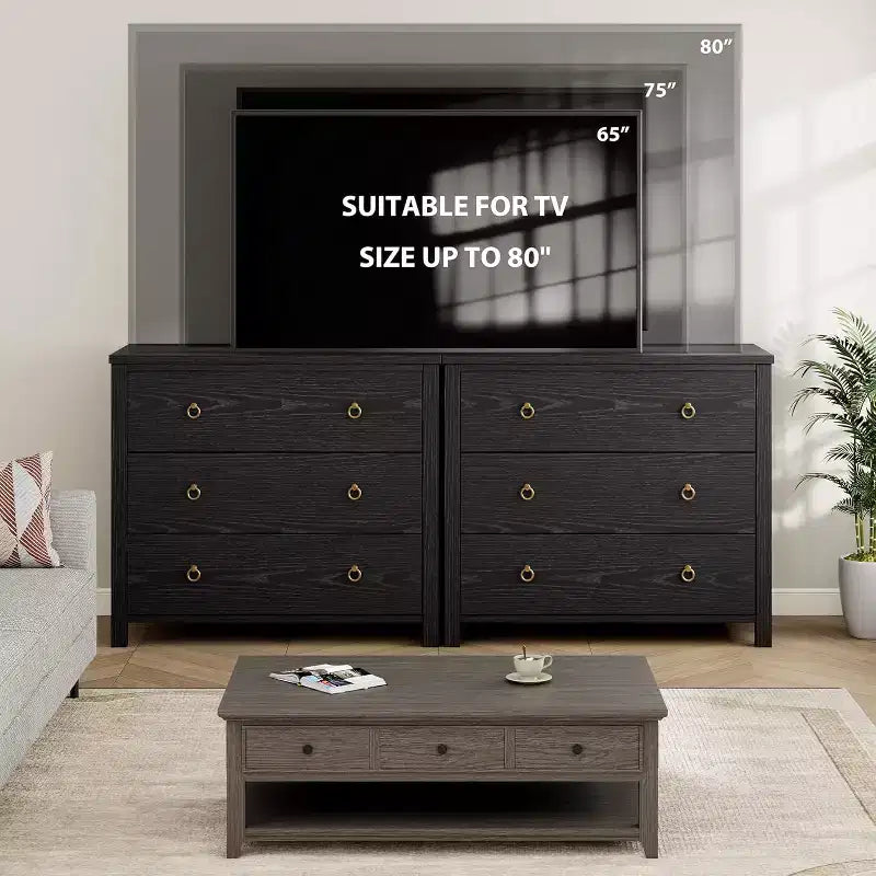 Commode 6 tiroirs pour chambre, commode large et moderne avec rangement, commode de placard en bois autoportante, noire
