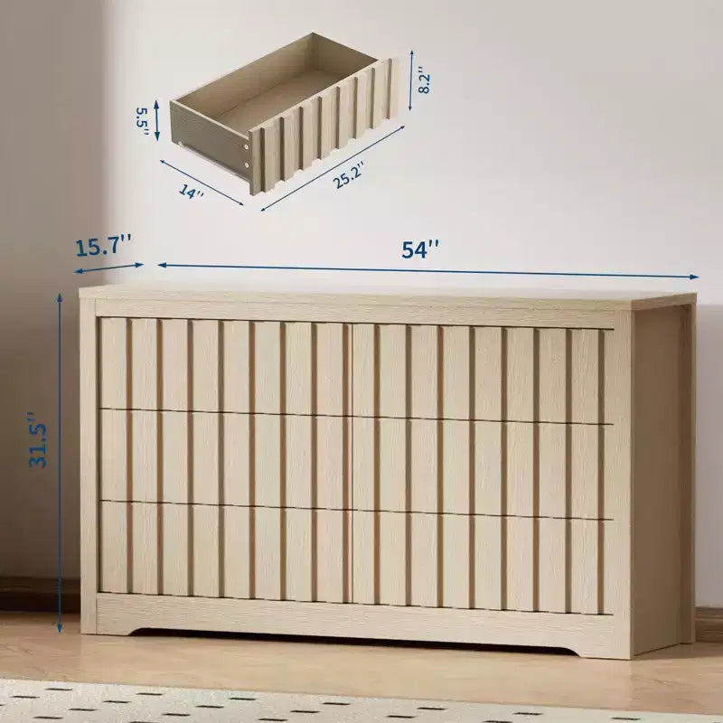 Commode cannelée pour chambre à coucher avec 6 tiroirs, commode moderne sans poignées, commode en bois, organisateur de placard à vêtements en bois avec rangement profond