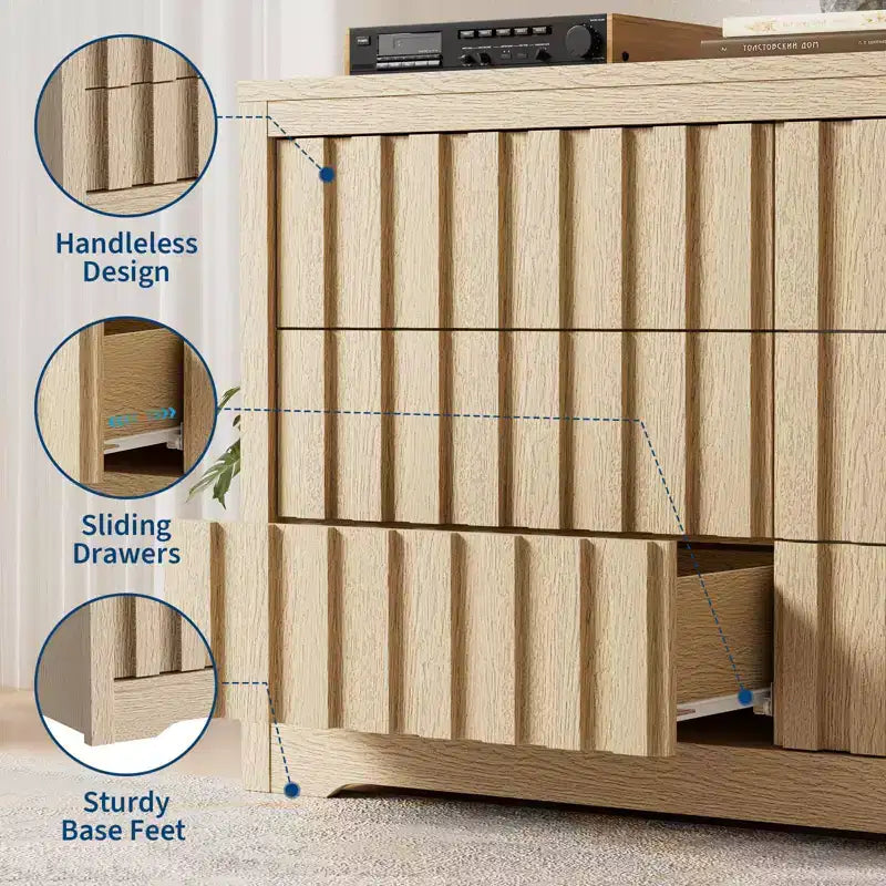 Commode cannelée pour chambre à coucher avec 6 tiroirs, commode moderne sans poignées, commode en bois, organisateur de placard à vêtements en bois avec rangement profond