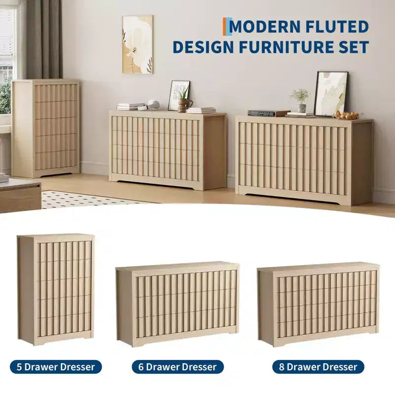 Commode cannelée pour chambre à coucher avec 6 tiroirs, commode moderne sans poignées, commode en bois, organisateur de placard à vêtements en bois avec rangement profond