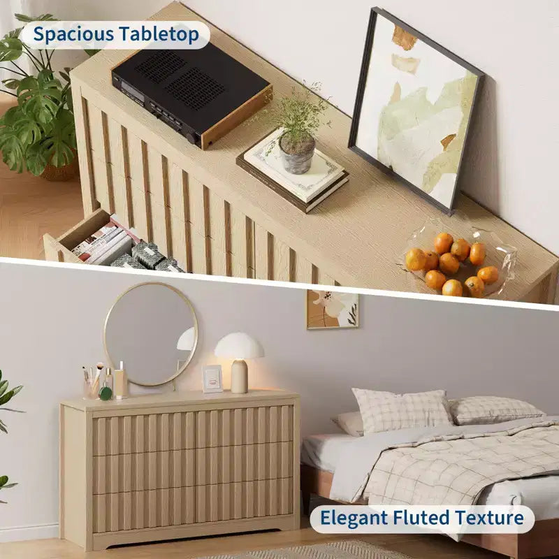Commode cannelée pour chambre à coucher avec 6 tiroirs, commode moderne sans poignées, commode en bois, organisateur de placard à vêtements en bois avec rangement profond