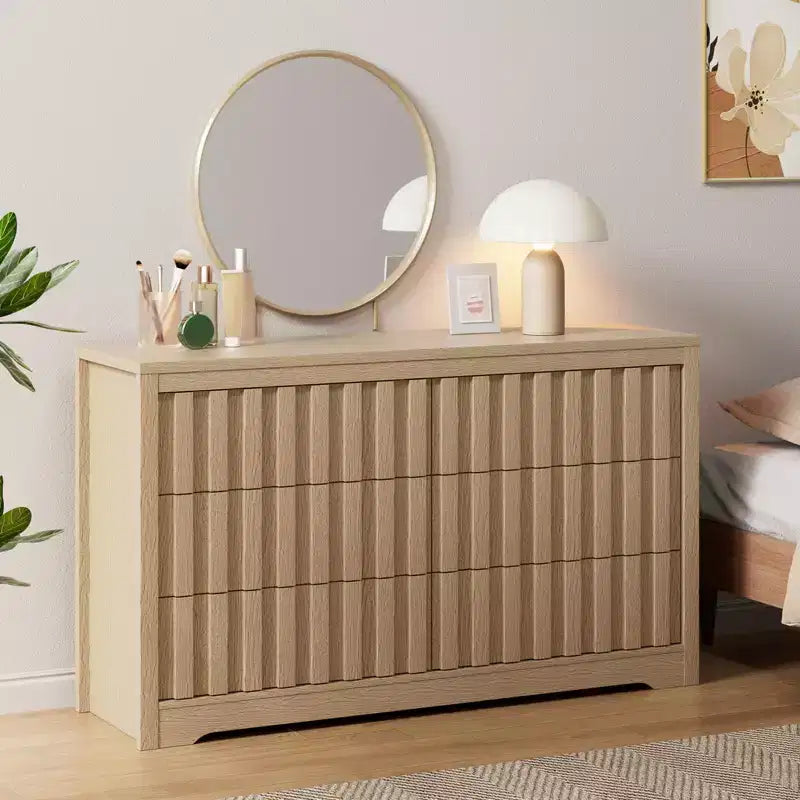 Commode cannelée pour chambre à coucher avec 6 tiroirs, commode moderne sans poignées, commode en bois, organisateur de placard à vêtements en bois avec rangement profond
