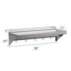 Étagère en acier inoxydable, lot de 2, 30x90 cm, étagère murale de rangement avec 6 crochets - Certifiée NSF pour ustensiles de cuisine