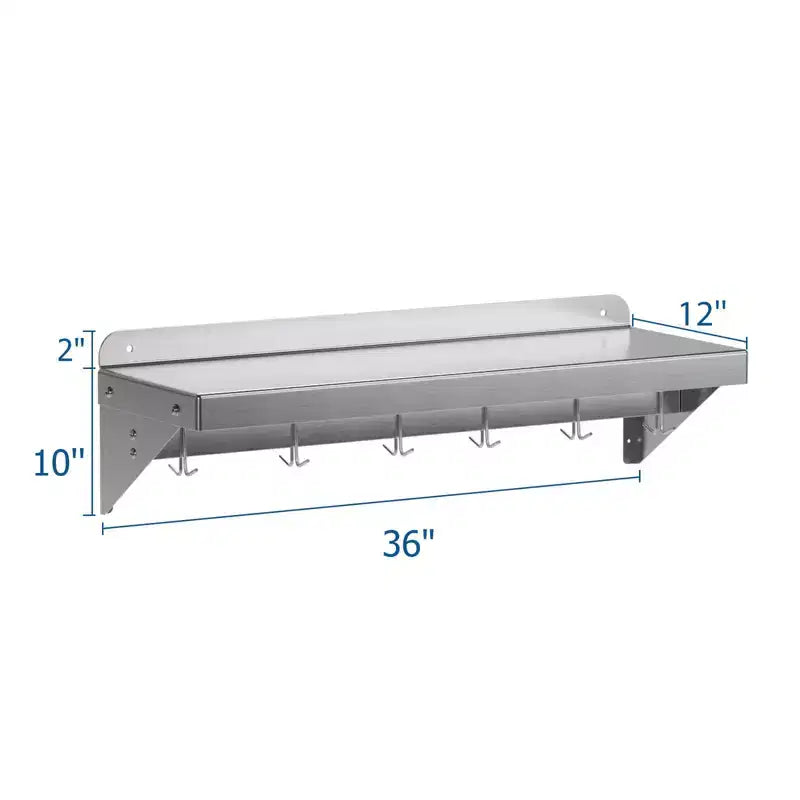 Étagère en acier inoxydable, lot de 2, 30x90 cm, étagère murale de rangement avec 6 crochets - Certifiée NSF pour ustensiles de cuisine