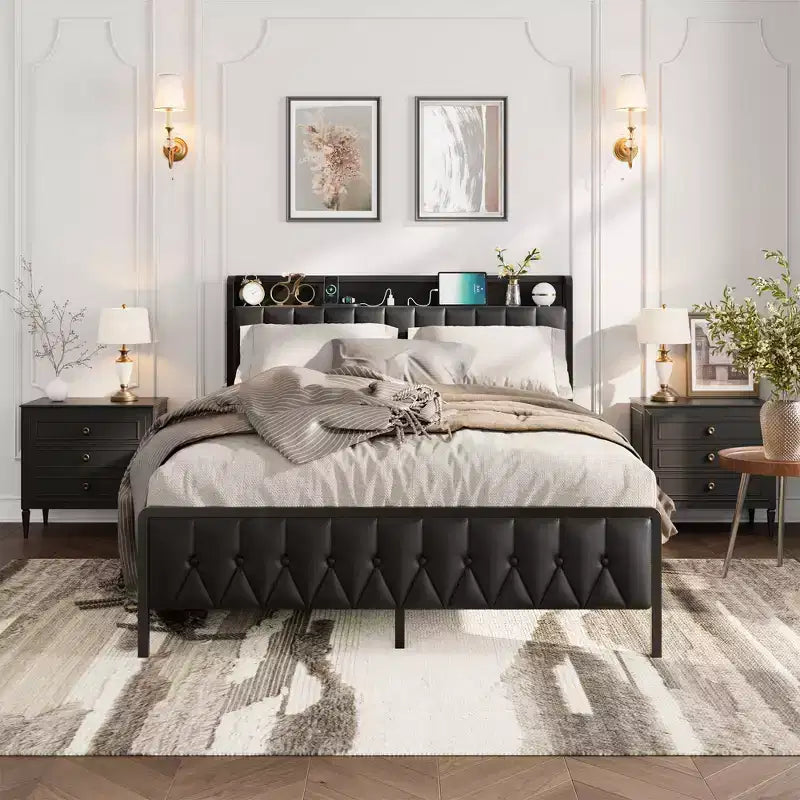 Bed Frame with PU Faux Leather Button Headboard with Charging Station, All-Metal Platform Bed Frame with Storag