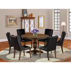 HomeStock Belmont 7 Piece Kitchen Dining Table Set Consists of a Dinner Table and 6 Black PU Leather Dining Room Chairs - Distressed Jacobean Finish