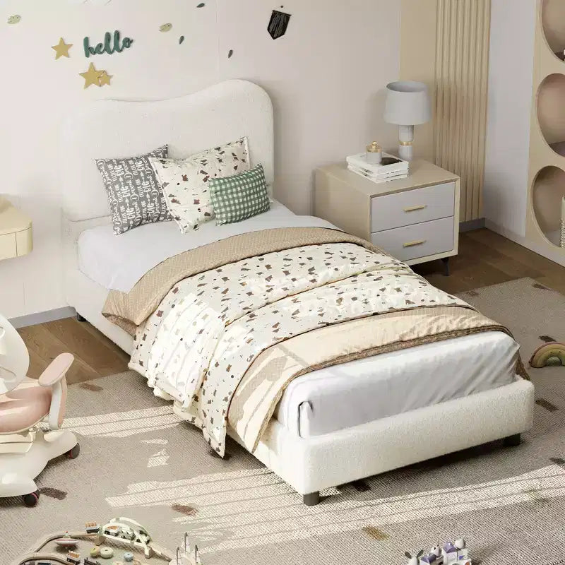 Cadre de lit enfant en velours avec tête de lit - Lit plateforme bas pour adolescents, pas besoin de sommier tapissier, tissu douillet, silencieux et facile à assembler