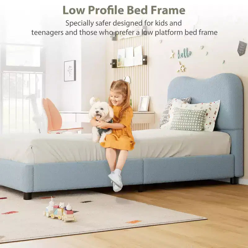 Cadre de lit enfant en velours avec tête de lit - Lit plateforme bas pour adolescents, pas besoin de sommier tapissier, tissu douillet, silencieux et facile à assembler